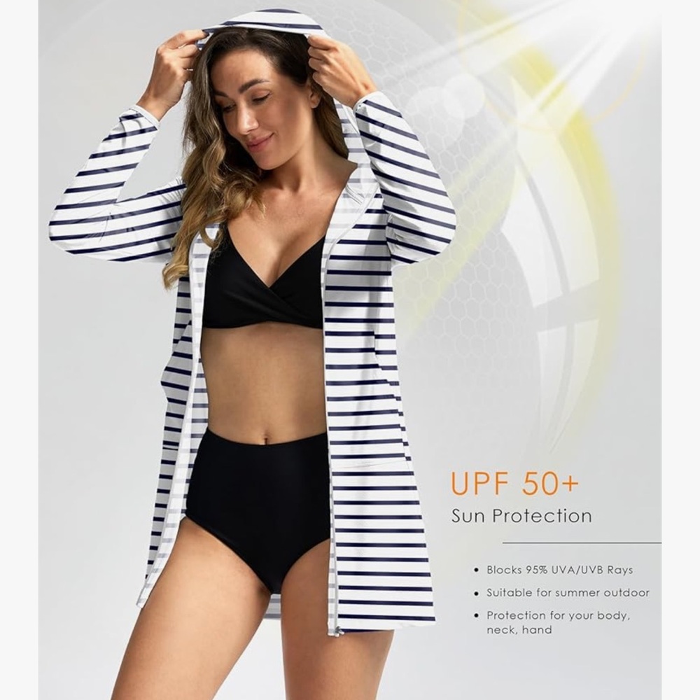 Women's UPF 50+ Swim Cover Up Sun Protection Hoodie - Striped